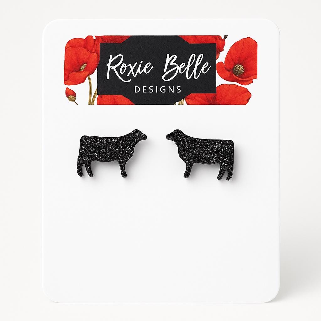 Black Glitter Show Cow Stud Earrings