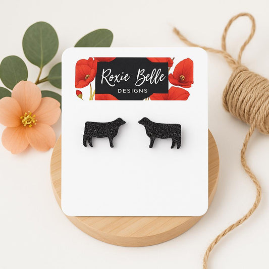 Black Glitter Show Cow Stud Earrings